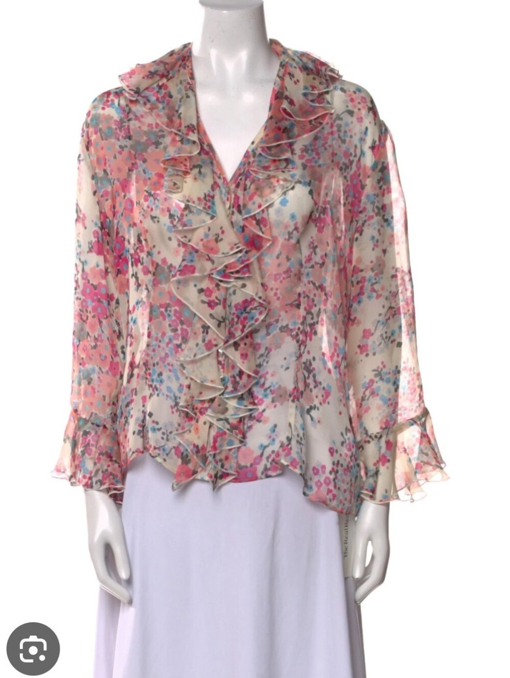 Designer Anne Fontaine Sheer Silk Floral Ruffle Button Down Blouse Top Size 40